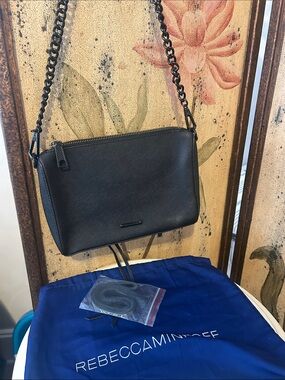 REBECCA MINKOFF Avery Black Saffiano Leather Crossbody Bag w/ Metal Chain Strap